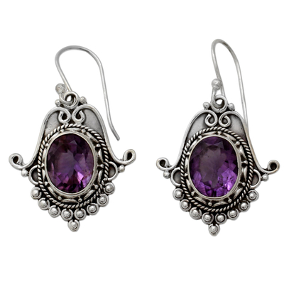 Amethyst dangle earrings, 'Jaipuri Glam' - Ornate Amethyst and Sterling Silver Dangle Earrings