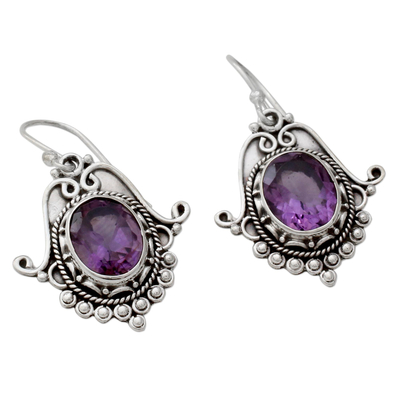 Amethyst dangle earrings, 'Jaipuri Glam' - Ornate Amethyst and Sterling Silver Dangle Earrings