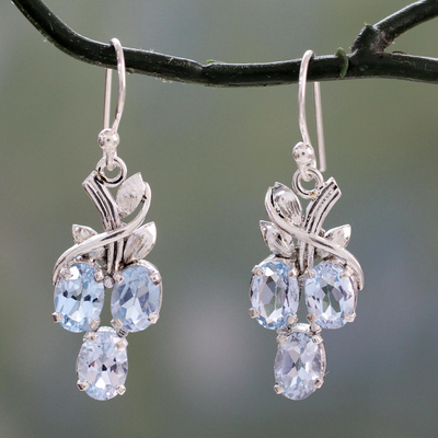 Blue topaz dangle earrings, 'Dewy Vines' - Six Carat Blue Topaz and Sterling Silver Dangle Earrings
