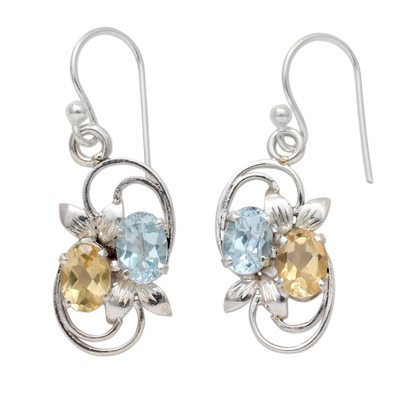 Blue topaz and citrine dangle earrings, 'Sun and Sky' - Blue Topaz and Citrine Dangle Earrings with Leaf Motif