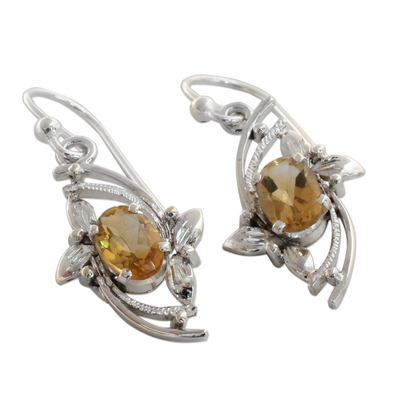 Citrine dangle earrings, 'Golden Splendor' - Leaf Theme Dangle Earrings with One Carat Citrine Gems