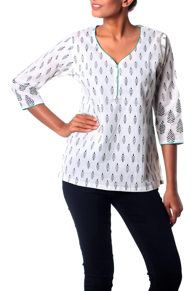 Cotton tunic, 'Black Fern Forest' - Black on White Cotton Block Print Tunic with Teal Piping