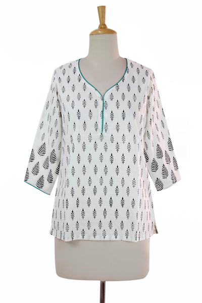 Cotton tunic, 'Black Fern Forest' - Black on White Cotton Block Print Tunic with Teal Piping