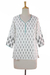 Cotton tunic, 'Black Fern Forest' - Black on White Cotton Block Print Tunic with Teal Piping (image 2d) thumbail