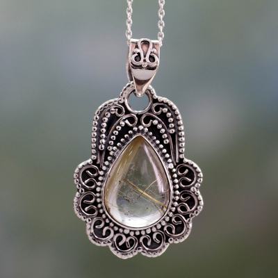 Rutile quartz pendant necklace, 'Traces of Gold' - Rutilated Quartz Pendant Necklace in Ornate Silver Setting