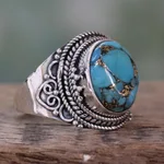 Sterling silver cocktail ring, 'Golden Greeting' - Sterling Silver Fair Trade Ring with Composite Turquoise