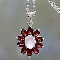 Moonstone and garnet pendant necklace, 'Rajasthan Star'