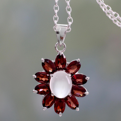 Moonstone and garnet pendant necklace, 'Rajasthan Star' - Moonstone and Garnet Pendant Necklace on Cable Chain