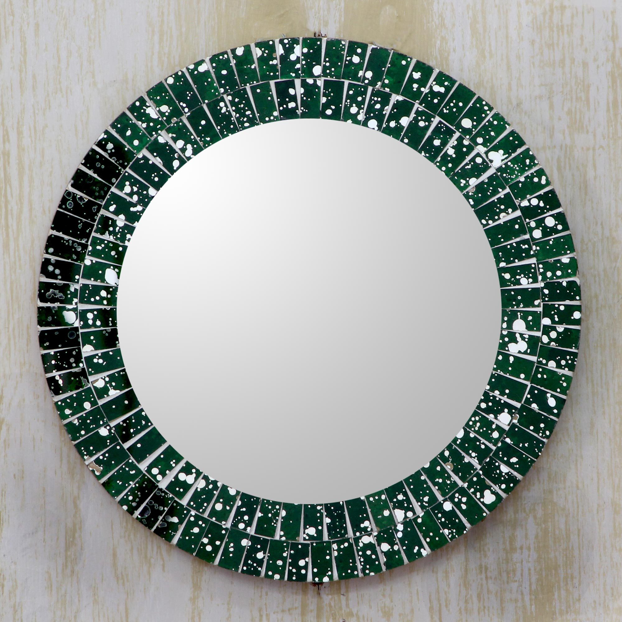 Artisan Crafted Round Green Glass Mosaic Mirror Emerald Cosmos