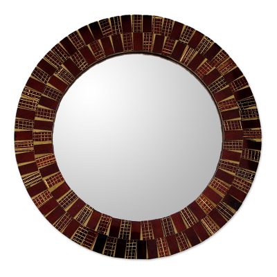 Glass mosaic mirror, 'Golden Flames' - Handcrafted Glass Mosaic Tiled Round Mirror Suitable for Wal
