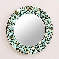 Espejo de mosaico de vidrio, 'Aqua Splash' - Espejo de mosaico de vidrio redondo Aqua y Lima de la India