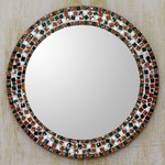 Glass mosaic wall mirror, 'Forest Mosaic' - Artisan Crafted Round Wall Mirror with Glass Mosaic Frame