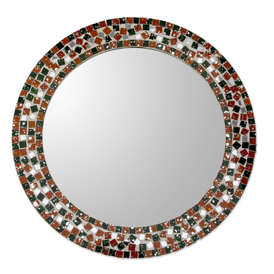 Glass mosaic wall mirror, 'Forest Mosaic' - Artisan Crafted Round Wall Mirror with Glass Mosaic Frame