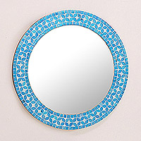 Espejo de pared de mosaico de vidrio, 'Flor Turquesa' - Espejo Redondo de Azulejo de Mosaico de Vidrio Turquesa con Motivo de Flores