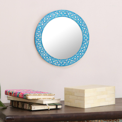 Glass mosaic wall mirror, Turquoise Blossom