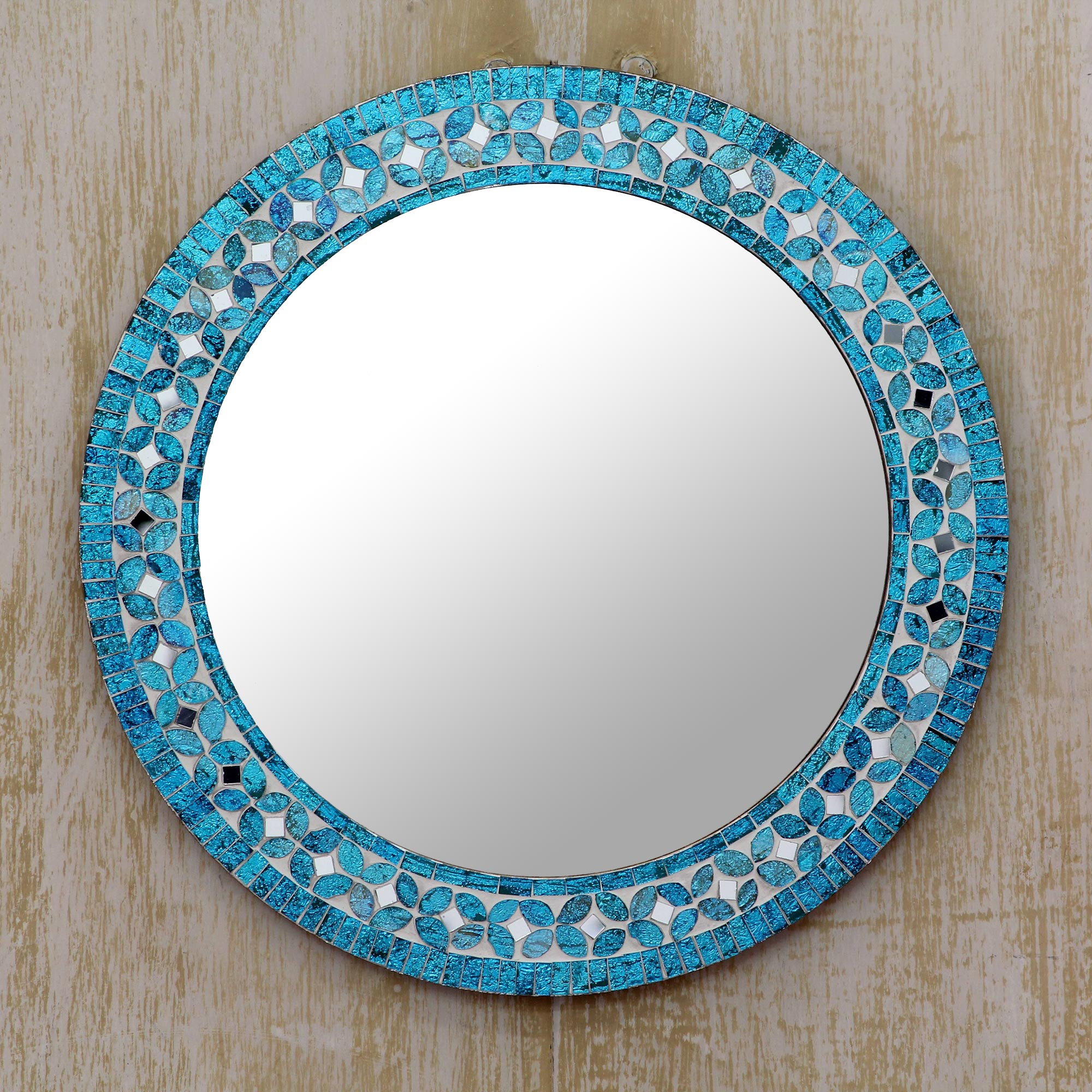 Round Turquoise Glass Mosaic Tile Mirror With Flower Motif Turquoise Blossom Novica 5173