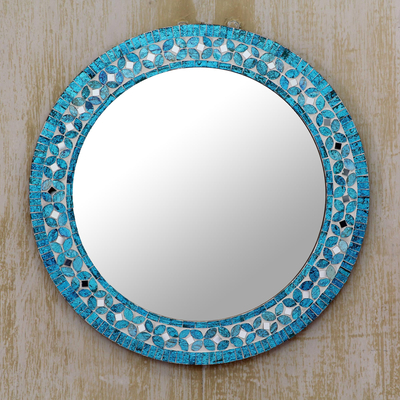 Espejo de pared de mosaico de vidrio - Espejo redondo de mosaico de vidrio turquesa con motivo floral