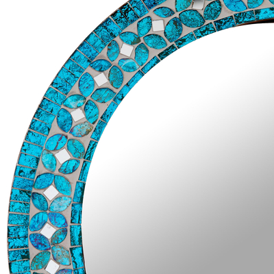 Espejo de pared de mosaico de vidrio - Espejo redondo de mosaico de vidrio turquesa con motivo floral