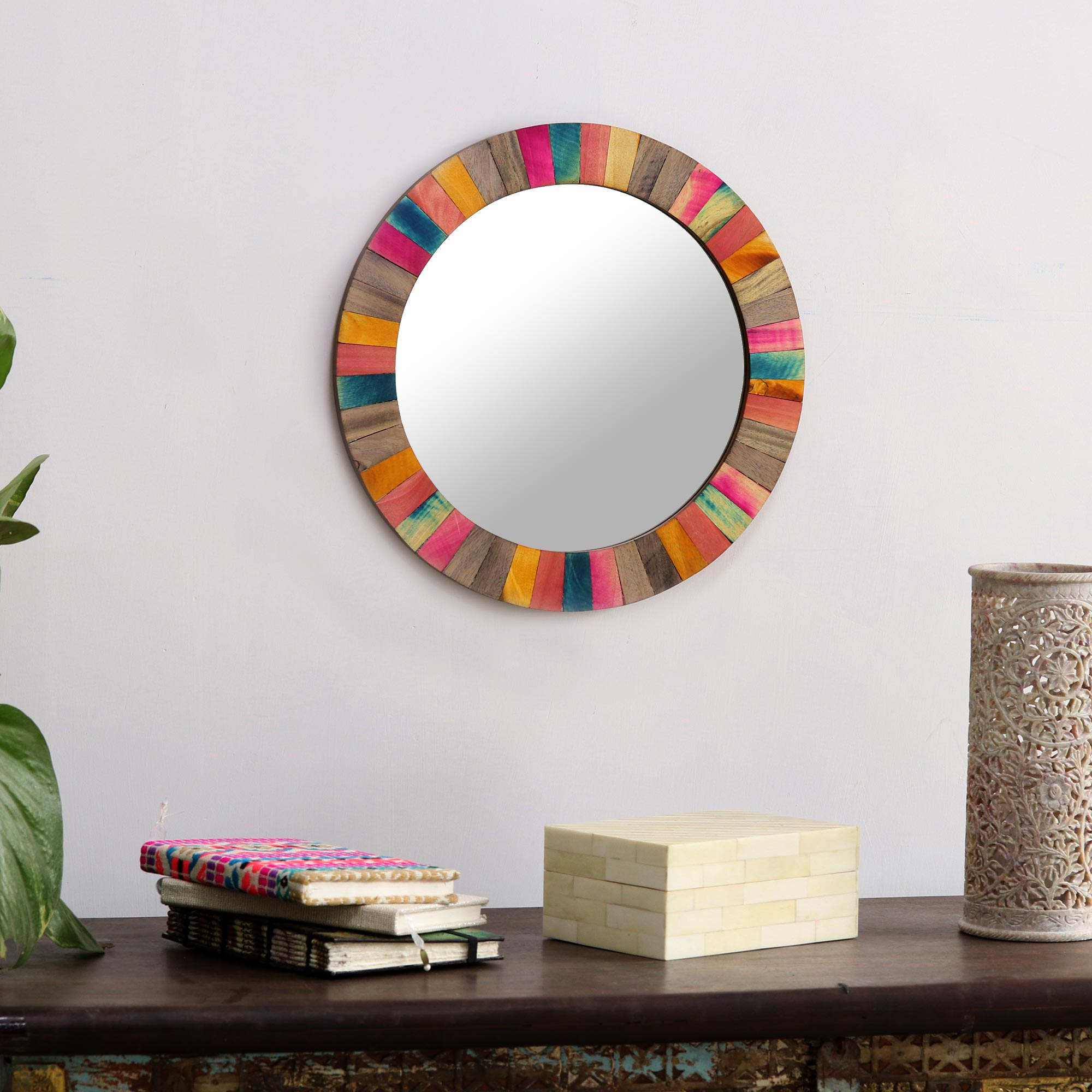 Fair Trade Handcrafted Multicolor Mango Wood Wall Mirror 'Festival of Color' Living Room Essentials