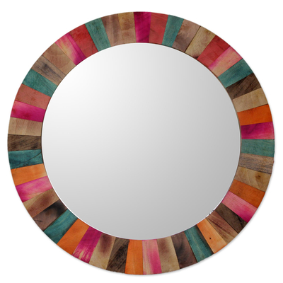 Wood wall mirror, 'Festive Holi' - Colorful Mango Wood Wall Mirror Hand Crafted in India