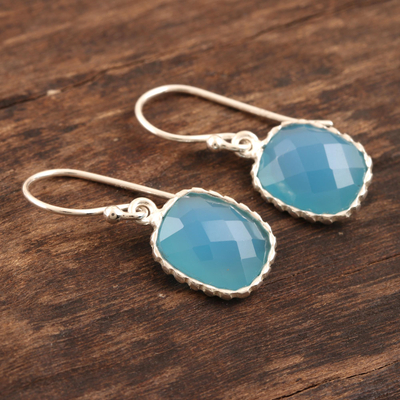Chalcedony dangle earrings, 'Delhi Sky' - Blue Chalcedony Dangle Earrings in Polished 925 Silver