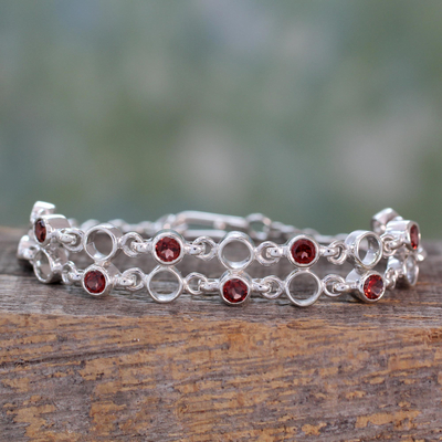 Garnet link bracelet, 'Scarlet Circle' - Handmade Garnet and Sterling Silver Link Bracelet