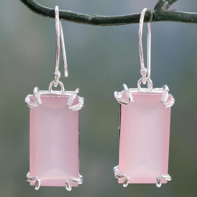 Chalcedony dangle earrings, 'Rosy Romance' - Hand Crafted Pink Chalcedony Earrings from India