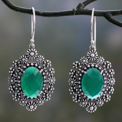Green onyx dangle earrings, 'Jaipur Gems' - Handmade Green Onyx Dangle Earrings