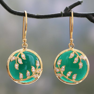 Green onyx and cubic zirconia dangle earrings, 'Eternal Embrace' - Green Onyx and Cubic Zirconia Circular Dangle Earrings