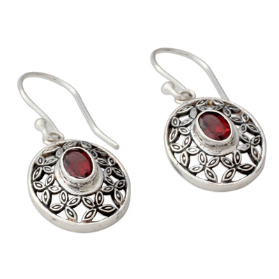 Garnet dangle earrings, 'Coy Crimson' - Flower Themed Garnet Dangle Earrings in Sterling Silver