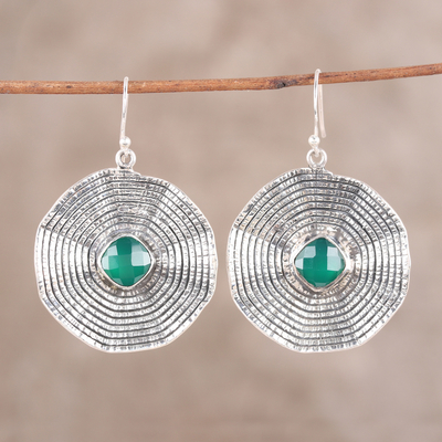 Onyx dangle earrings, 'Green Floral Spell' - Sterling Silver Green Onyx Floral Disc Dangle Earrings