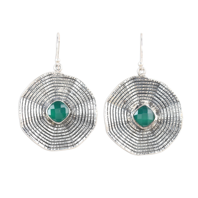 Onyx dangle earrings, 'Green Floral Spell' - Sterling Silver Green Onyx Floral Disc Dangle Earrings