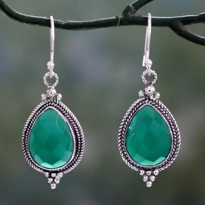 Green onyx dangle earrings, 'Evergreen Romance' - Hand Crafted Green Onyx Dangle Earrings from India