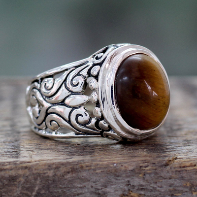 Tiger's eye cocktail ring, 'Earthy Romance' - Tigers Eye and Sterling Silver Cocktail Ring from India