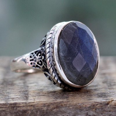 Raven Skull Gothic Promise Ring | Unique Labradorite Rings for Her