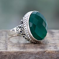 Green onyx cocktail ring, 'Bold Charm' - Green Onyx and Sterling Silver Ring from India