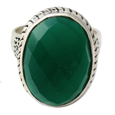 Green onyx cocktail ring, 'Bold Charm' - Green Onyx and Sterling Silver Ring from India