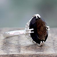Smoky quartz solitaire ring, 'Enchanting Mystique' - Sterling Silver and 4.5 Carat Smoky Quartz Solitaire Ring