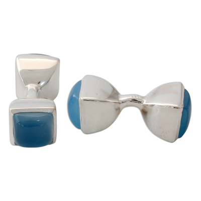 Gemelos de calcedonia - Gemelos de hombre de plata de ley con gemas de calcedonia azul
