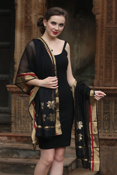 Cotton and silk blend shawl, 'Golden Flower' - Hand Loomed Sheer Black Shawl with Golden Flowers
