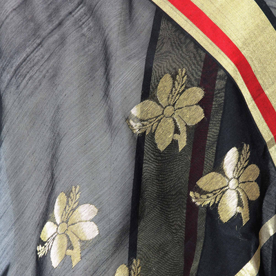 Chal de mezcla de algodón y seda - Chal negro transparente tejido a mano con flores doradas