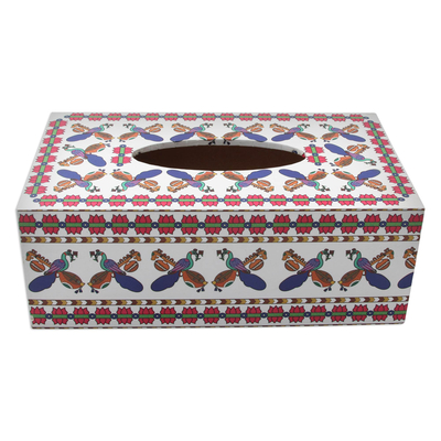 Wood decoupage tissue box, 'Veenas and Peacocks' - Hand Crafted Decoupage Wood Tissue Box Cover with Peacocks