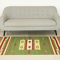 Wool area rug, 'Autumn Muse' (4x6) - Green and Multicolor Wool Area Rug Woven on Handloom (4x6)
