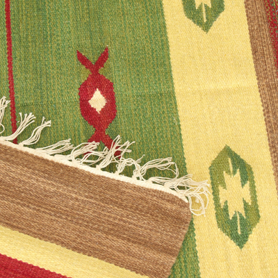 Alfombra de lana, (4x6) - Tapete de Lana Verde y Multicolor Tejido en Telar Manual (4x6)