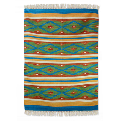 Wool area rug, 'Blue Diamonds' (4x6) - Handmade Multicolored Wool Rug with Fringe from India (4x6)