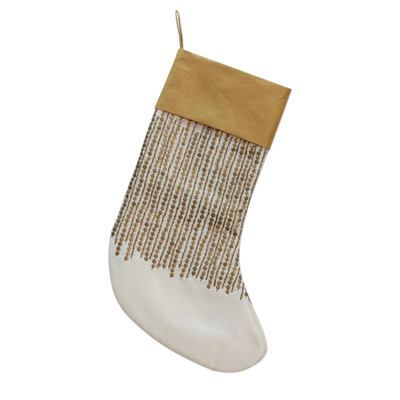 Embellished Ivory Christmas Stocking with Beads and Sequins