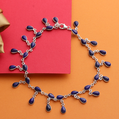 Lapis lazuli anklet, 'Royal Dewdrops' - Lapis Lazuli and 925 Silver Anklet from Indian Artisan