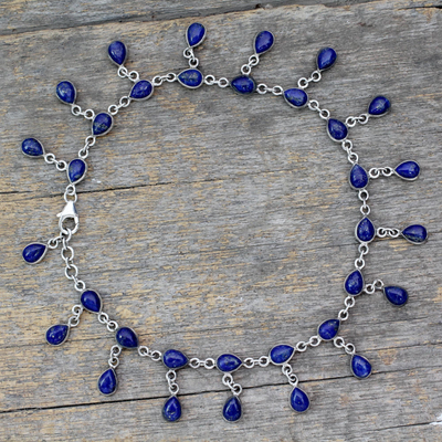 Lapis lazuli anklet, 'Royal Dewdrops' - Lapis Lazuli and 925 Silver Anklet from Indian Artisan