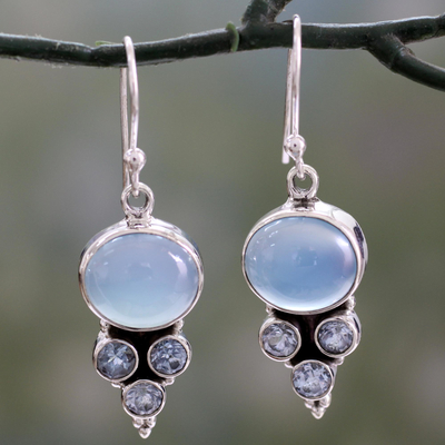 925 Sterling Silver Natural Blue Cabochon Rainbow Moonstone Dangle Earrings 1.7" 
