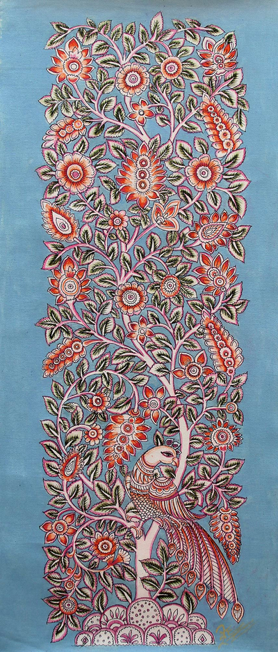 Pintura Kalamkari, 'Brisa rosa' - Obra de arte Kalamkari pintada a mano de un árbol con pavo real
